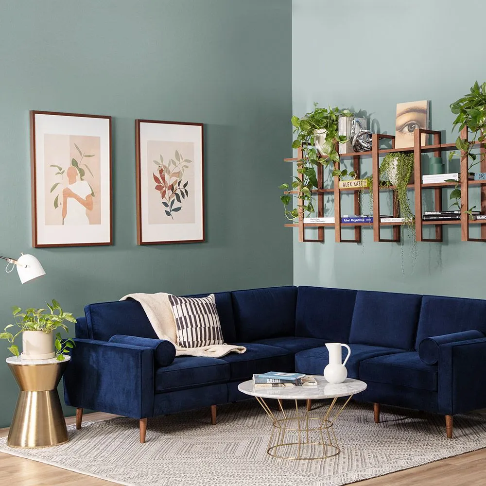 hall with pastel colour, paired with dark bllue sofa, carpet, coffee table