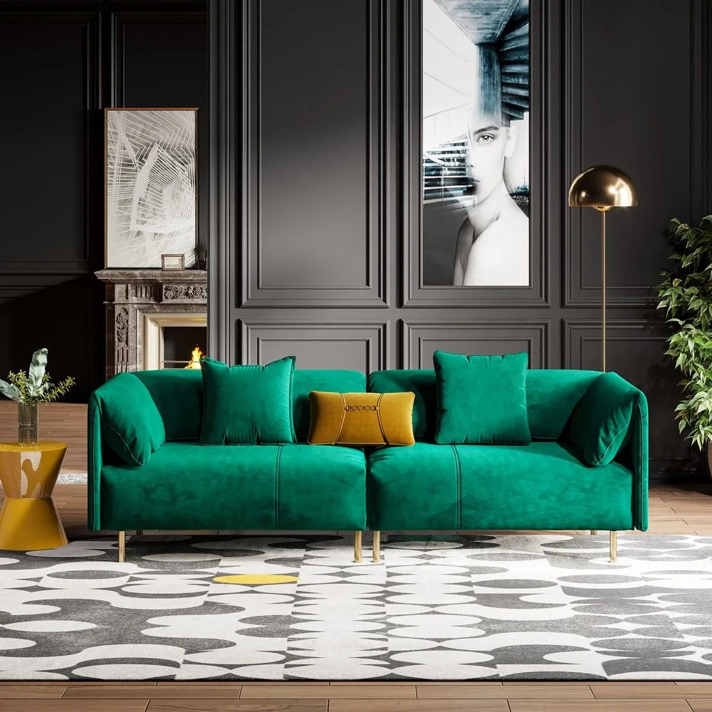 fabric upholstery, velvet, green sofa bed, cushions, carpet, flooring