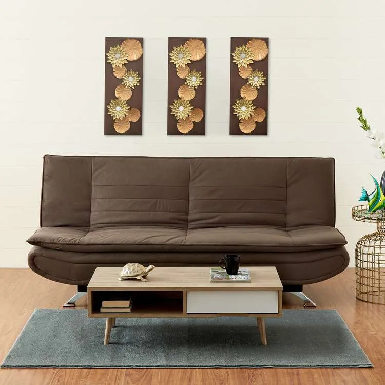brown fabric sofa bed, three seater, olive green carpet, centre table made of wood with storage, beige walls, paintings on wall