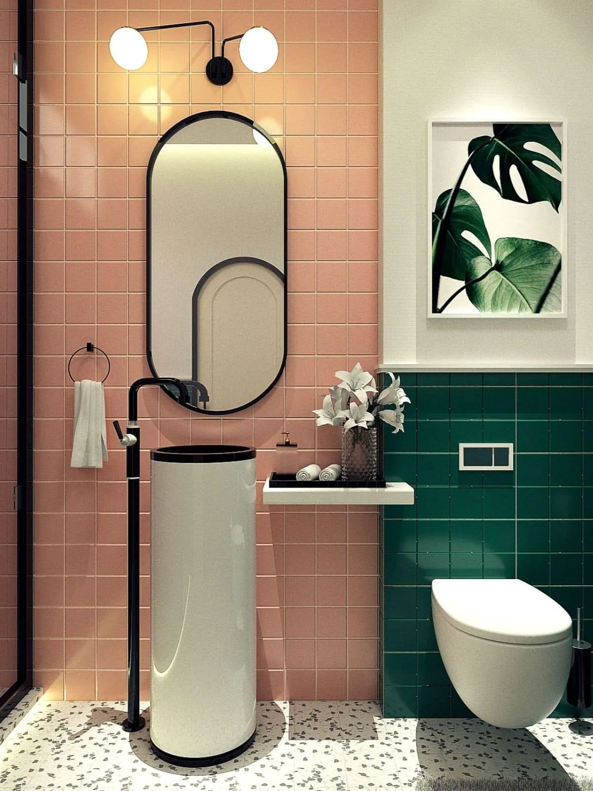 modern small bathroom idea, with mirror, wall sconce, floating water closet