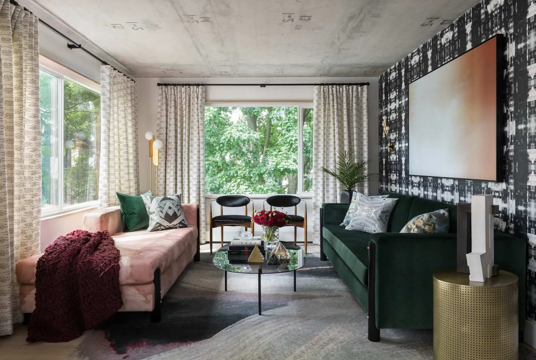 minimal design, hall, sofa, chair, window, curtains, rug, ethereal look