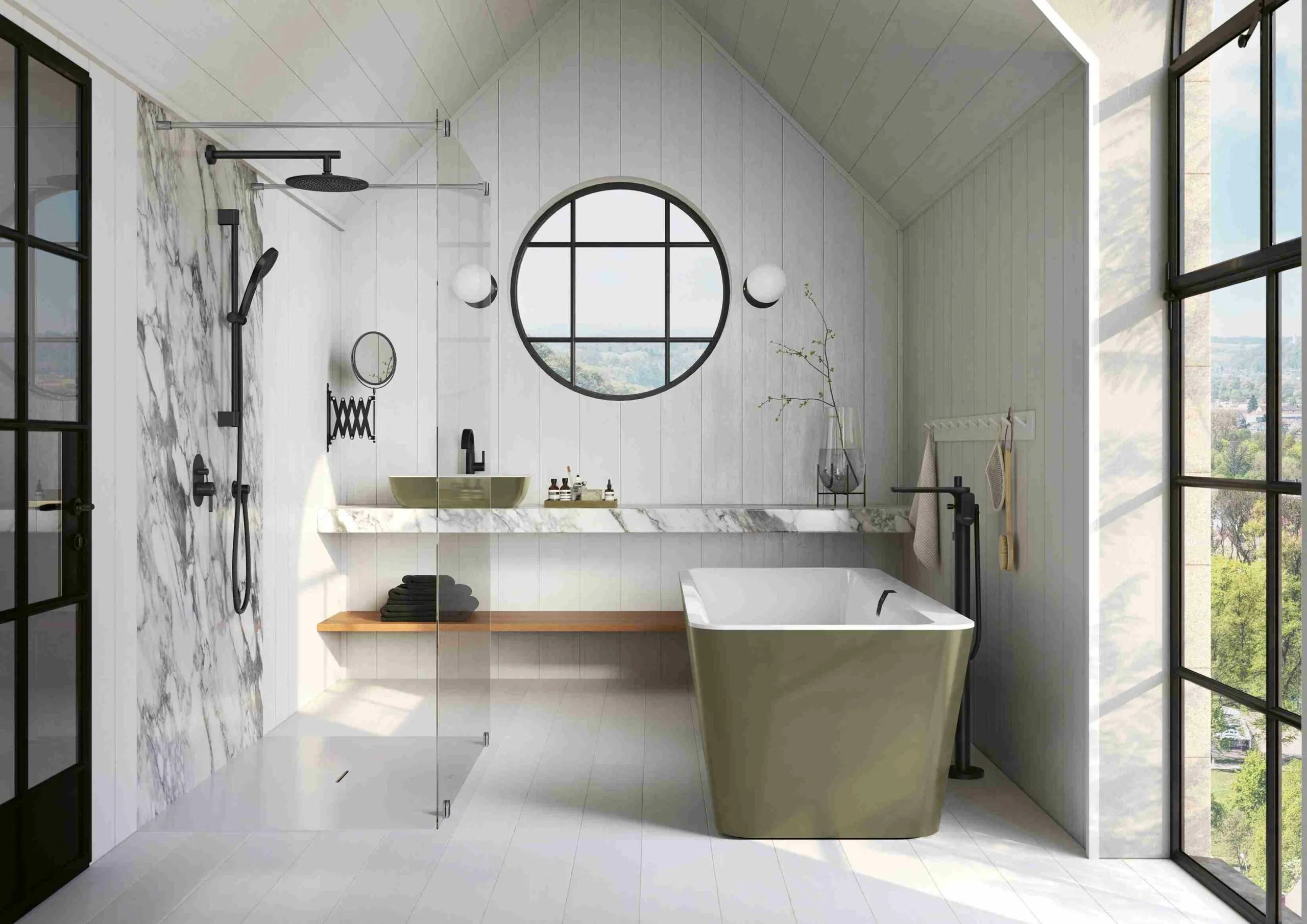 white bathroom with a bathtub shower and sink