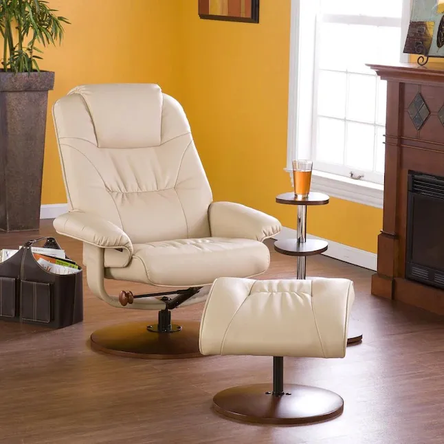 off white swivel leather seat, comfy seat, placed in a living room, indoor plant, table