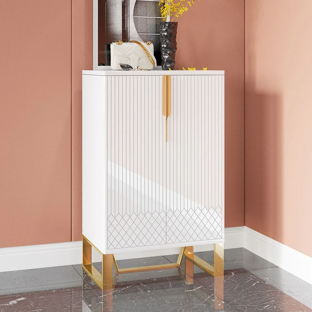 closed shoe cabinet design, gold faux legs, decor pieces placed on top, white coloured furniture