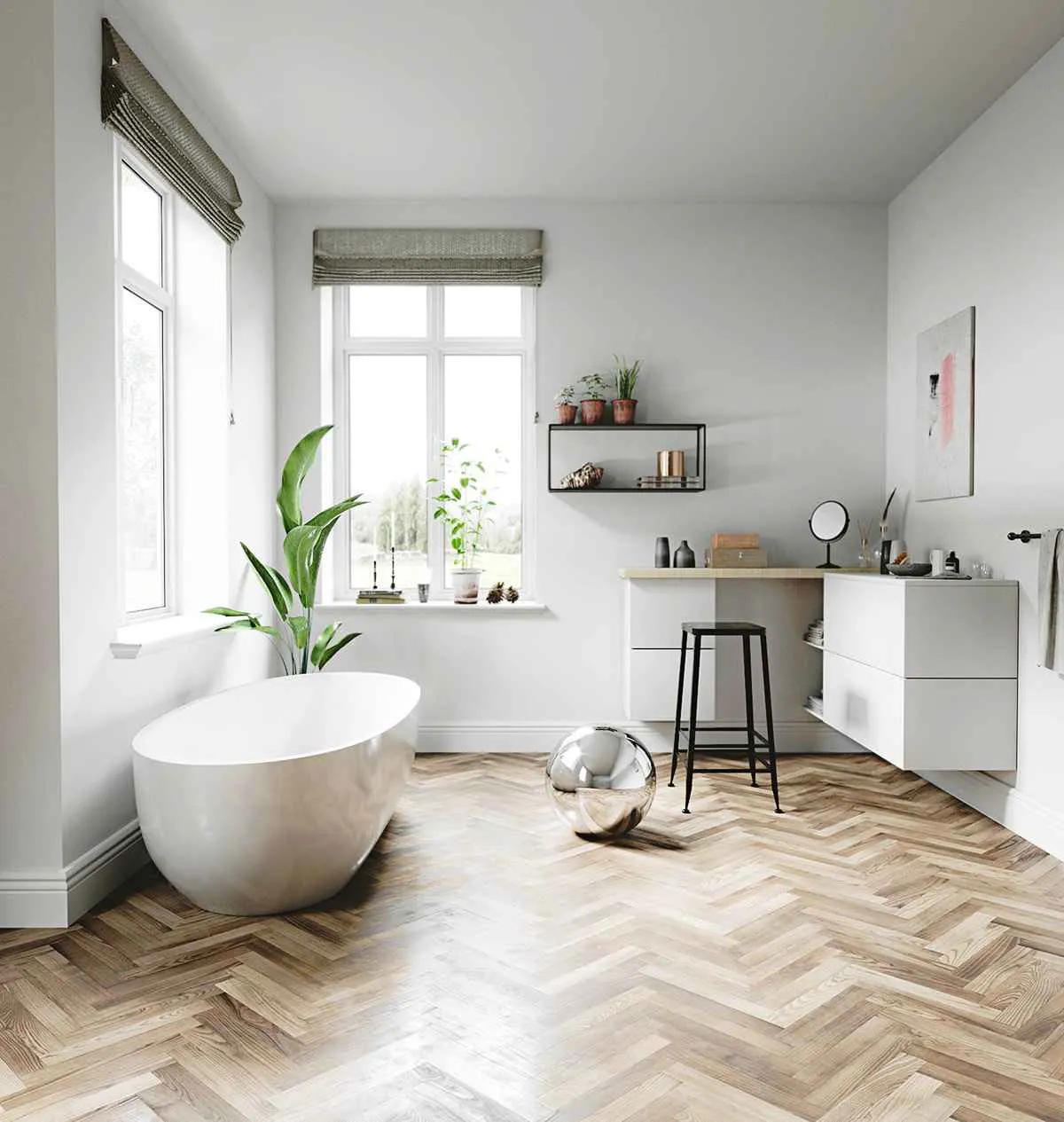 brown floors in a bathroom with bathtub table and cabinets