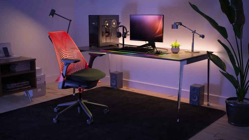 dynamic gaming chair with gaming setup in a room, table, PC gaming chair, vibrant lights added gaming vibe
