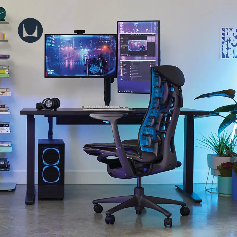 brilliant ergonomic gaming chair, game setup in a room, table, lights