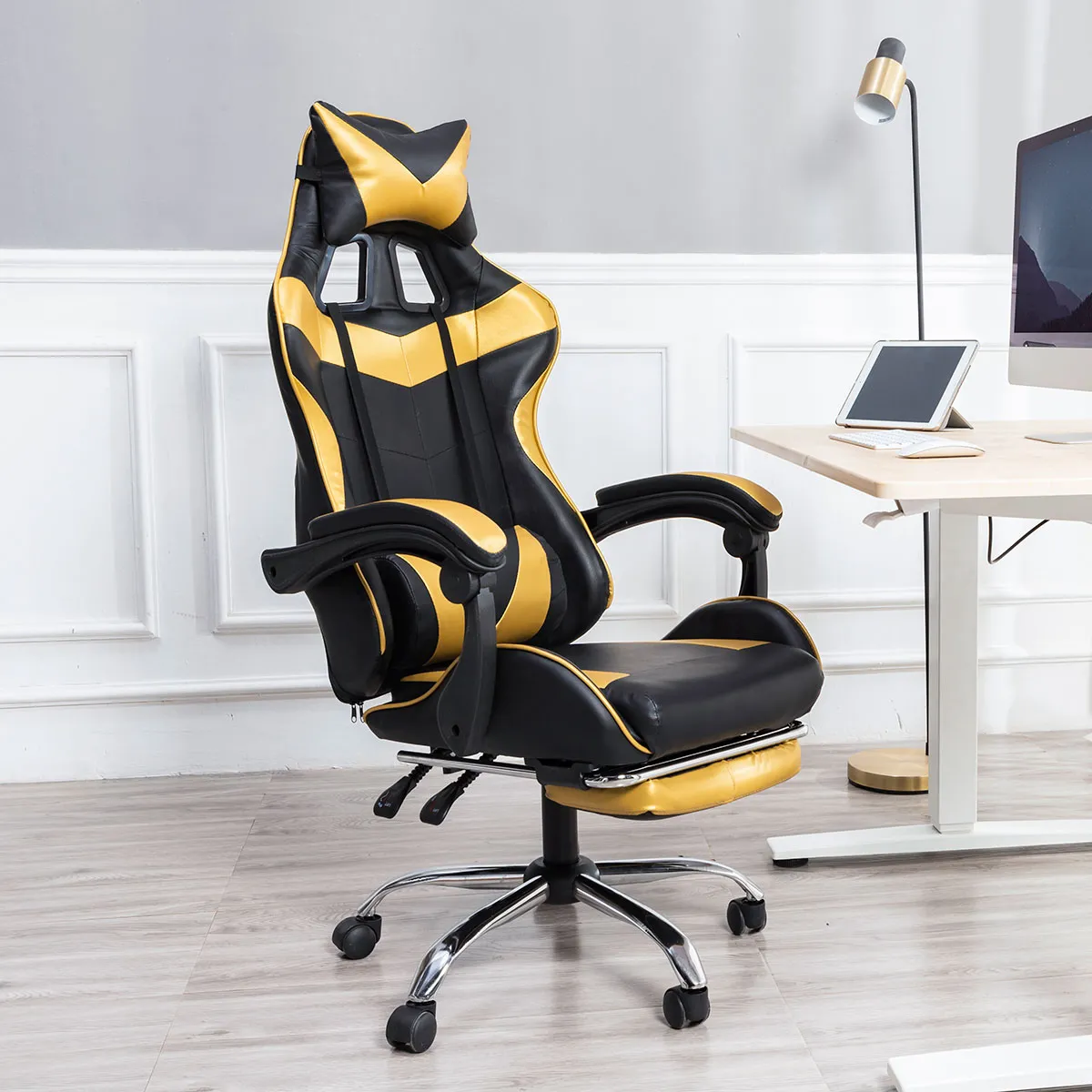 yellow and black coloured recliner, work setup, table, laptop