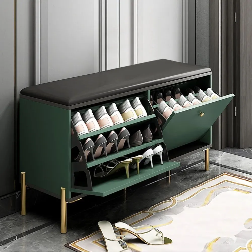 olive green coloured pull-out footwear organiser, gold faux legs, rug, beautiful living room