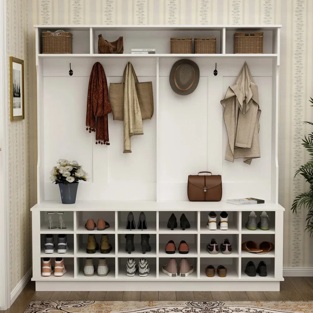 white coloured foot wear organiser with cube compartments, with hooks for hanging your stuff, 