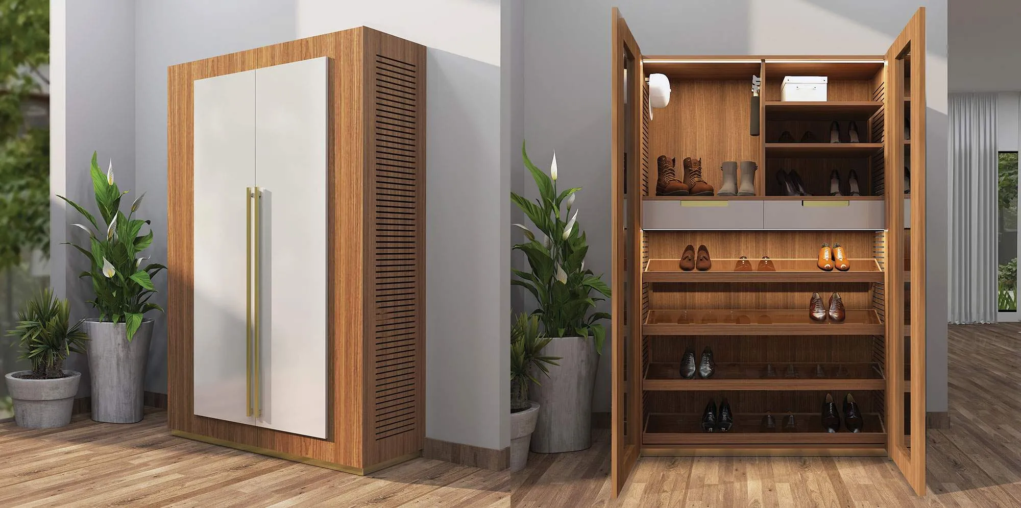 wooden shoe storage unit, closed shoe cabinet, wooden flooring, indoor plant near the furniture, planter