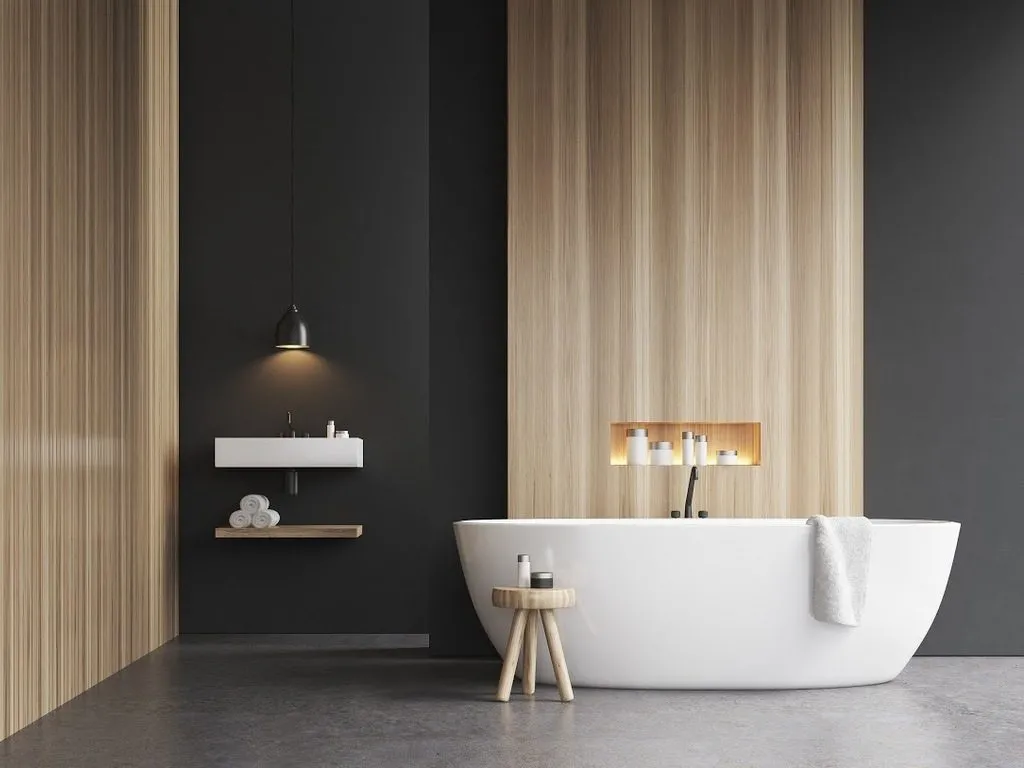 Wall colour combo for bathroom, Charcoal and wood