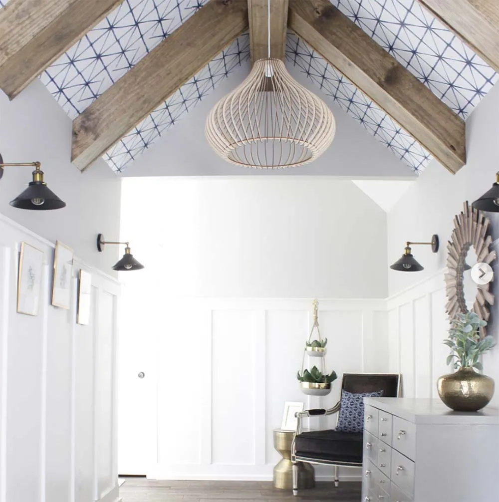 Hallway ceiling designs with white and wooden texture.