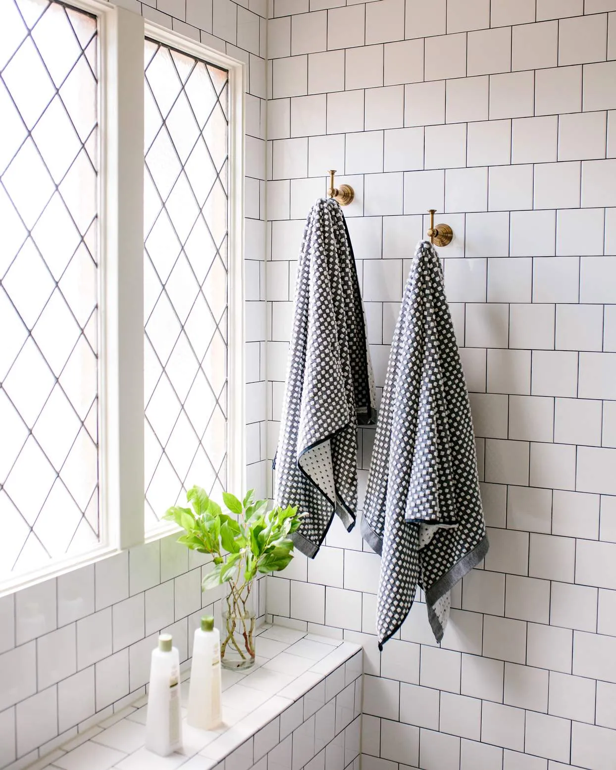 hooks, crannies, towels, white tiles, indoor plants, windows, budget-friendly design