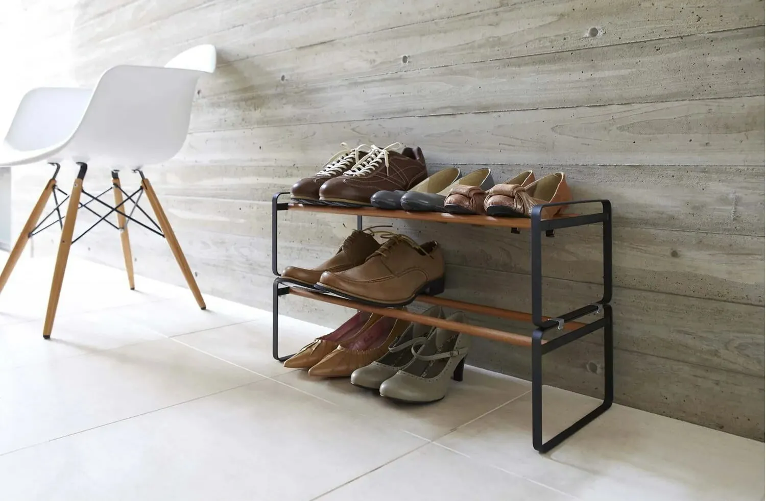 minimal shoe rack, metal, chair, storage