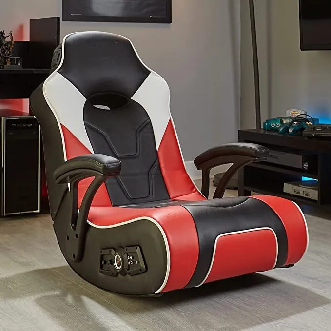 platform gaming chair, placed on floor, red and black coloured seat