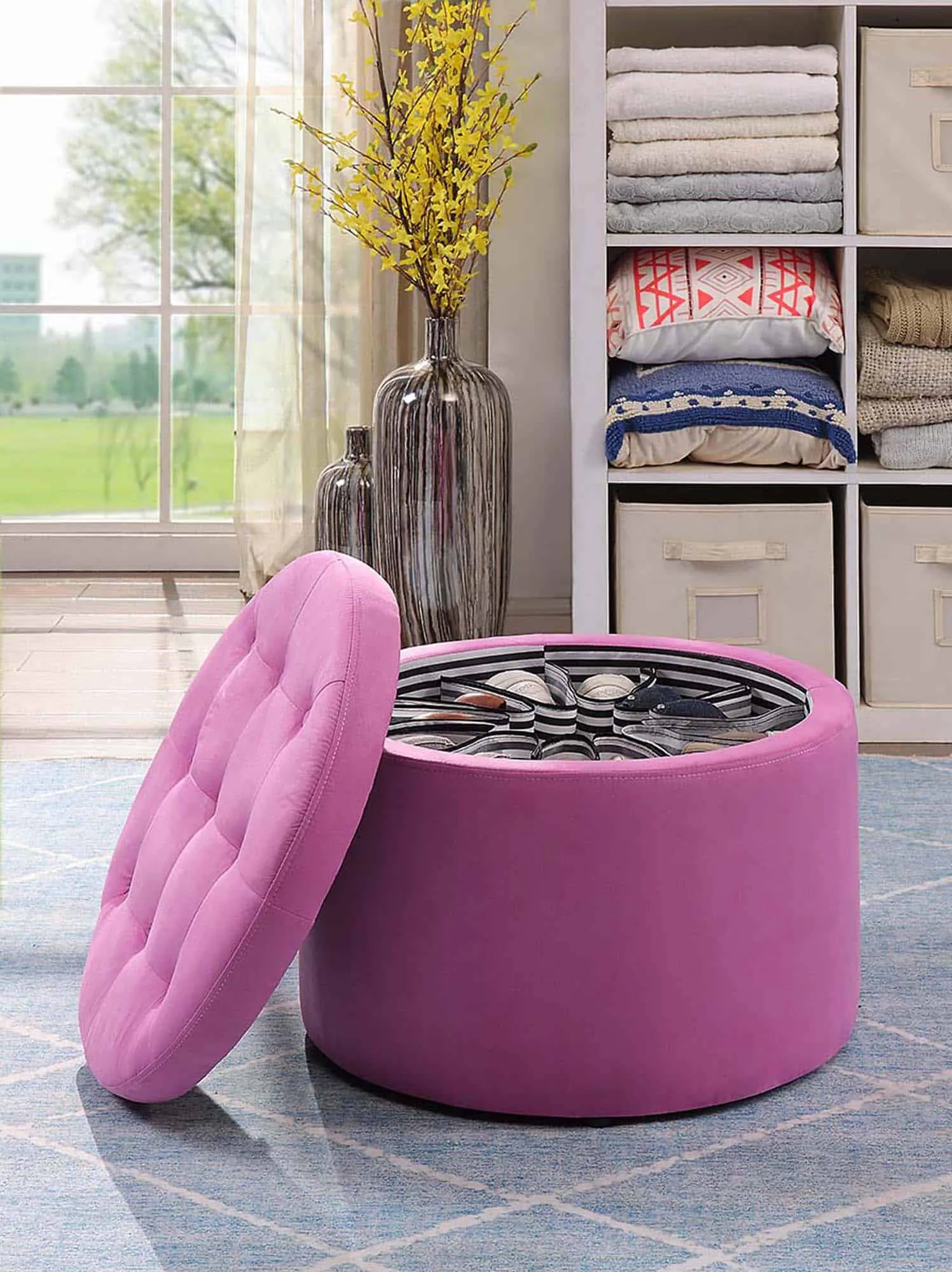 pink coloured ottoman shoe storage, beautiful living room, storage with seating