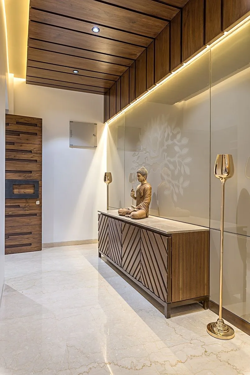 Wooden hallway with furniture.