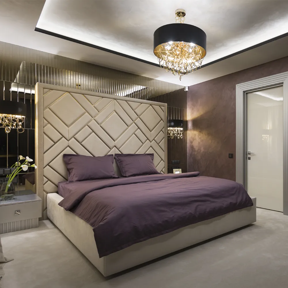 beautiful room with purple gold two colour combination, chandelier