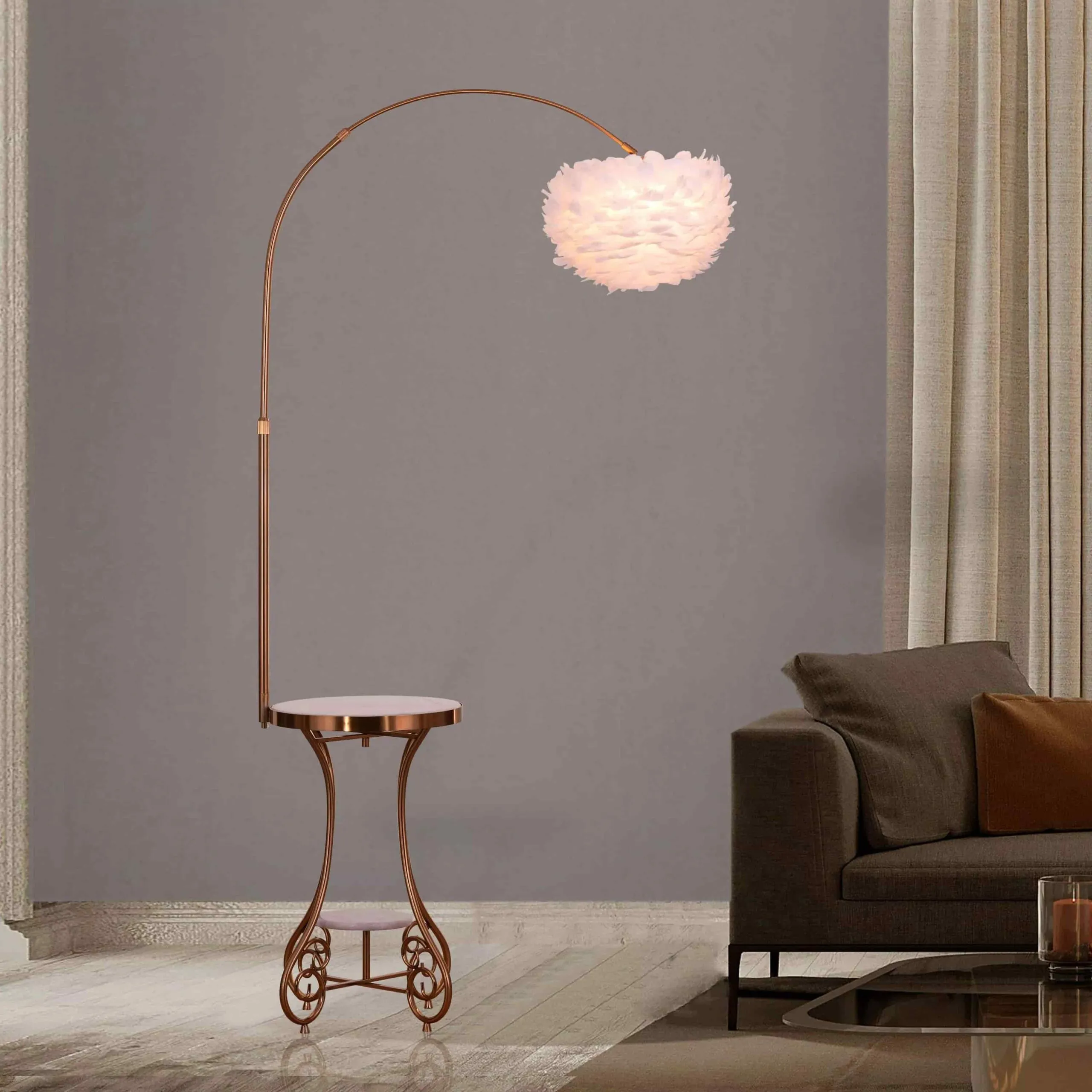 arched floor lamp with faux feather shade and marble floor base, placed in living room, besides a sofa, available online 