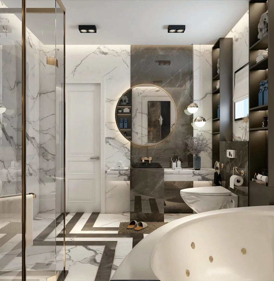 white luxury bath with a wite bathtub, mirror, ceiling lights, washbasin, pendant lights, shelves, grey rug and a toilet