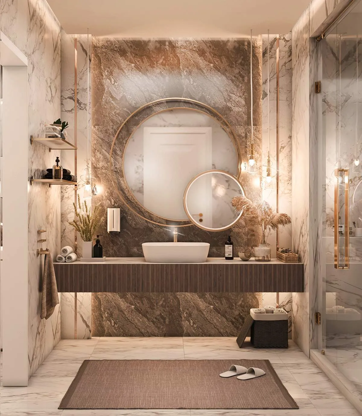 brown bathroom with warm lighting, eccentric mirrors, white washbasin, floor mat, hanging lights and a dustbin