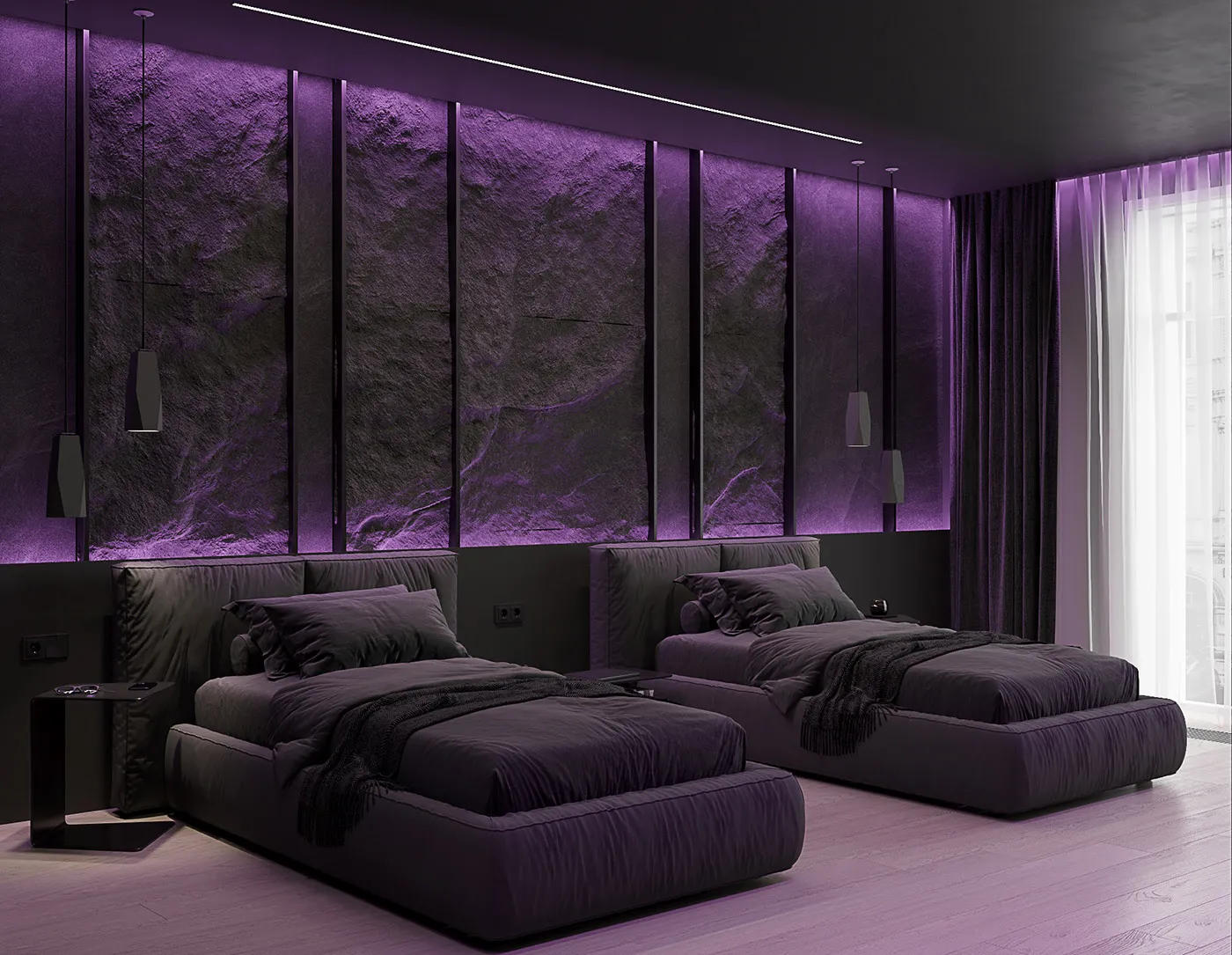 bold black violet room, with a theme, stunning decor, led lights, wallpaper
