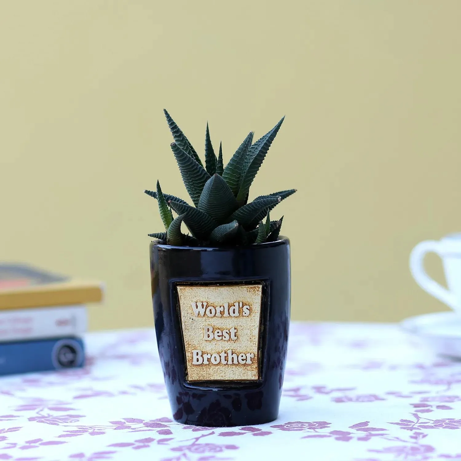 black planter with a plant placed on a table covered with white sheet, books and cup