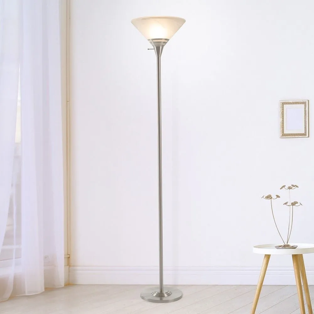 uplighters floor lamps in the living room, sleek metal base, side table placed near the stand light