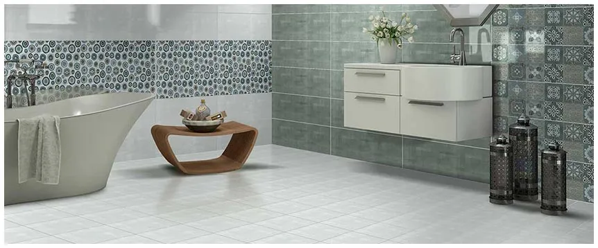 Grey and white washroom tile .