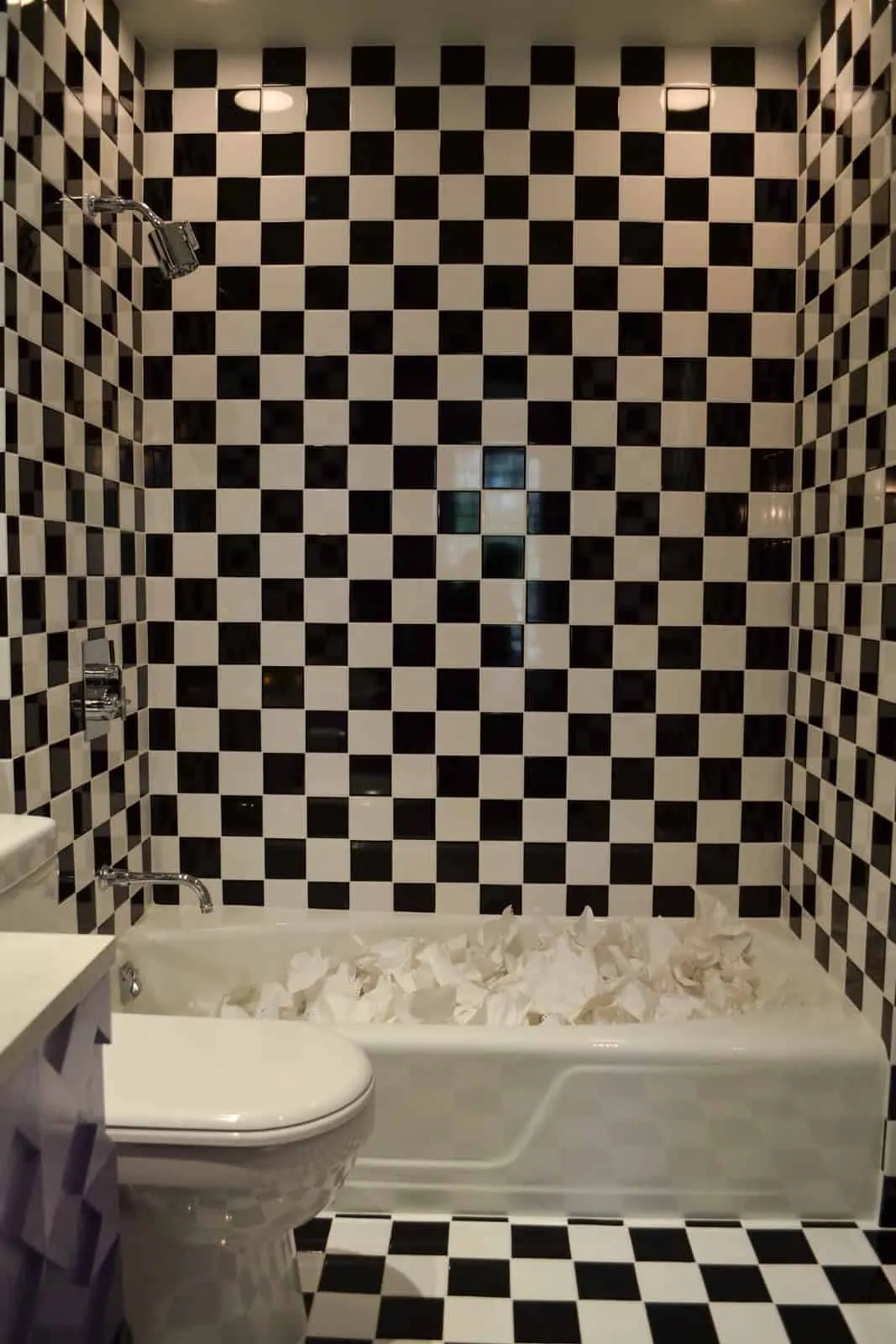 Checkerboard designer bathroom flooring tiles & tiling design with similar floor and wall