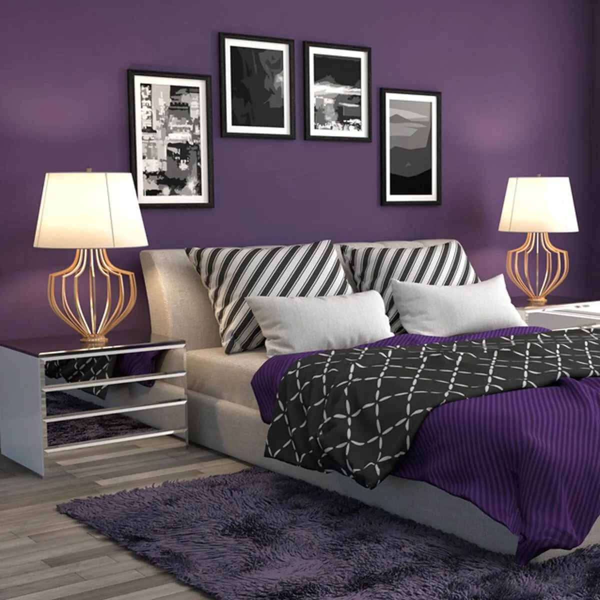 classic bedroom, wall painting, black-violet colour scheme, table lamp