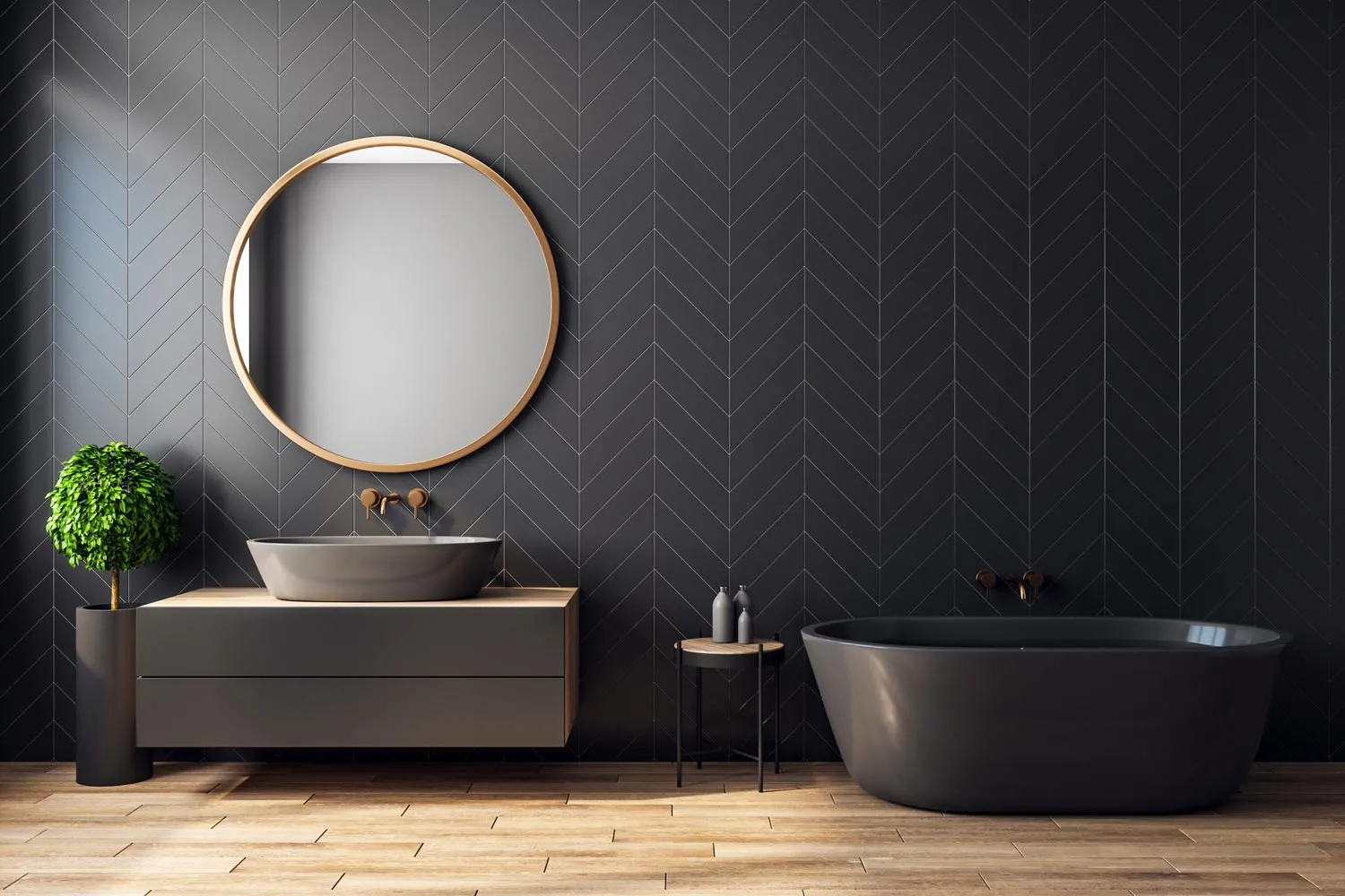 A dark-themed designer bathroom flooring tiles & tiling design with a vanity table and a neutral tile floor