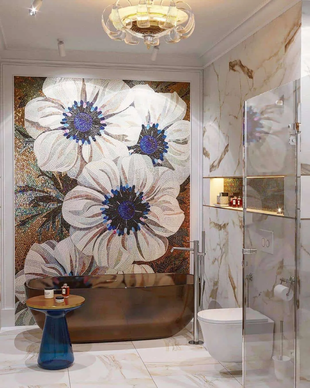 Floral designer bathroom flooring tiles & tiling design with fixtures