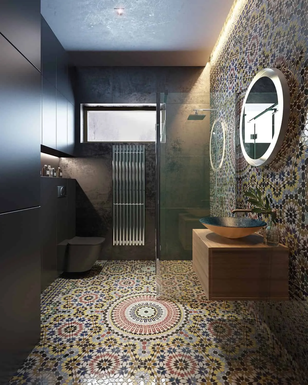 A nice bathroom design with printed slabs on wall and floor