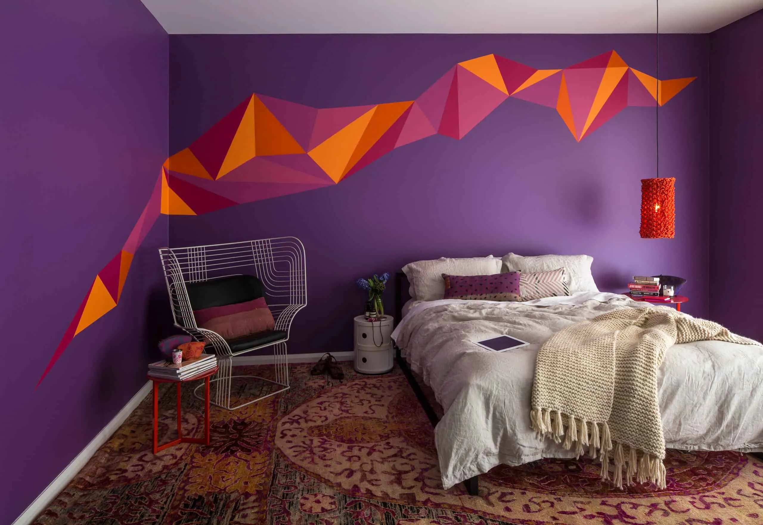 orange wall design on violet walls, modern decor, modern furniture