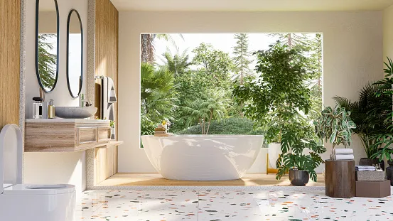 bathroom design with the right accessories, bathtub, plants, flooring, classic decor