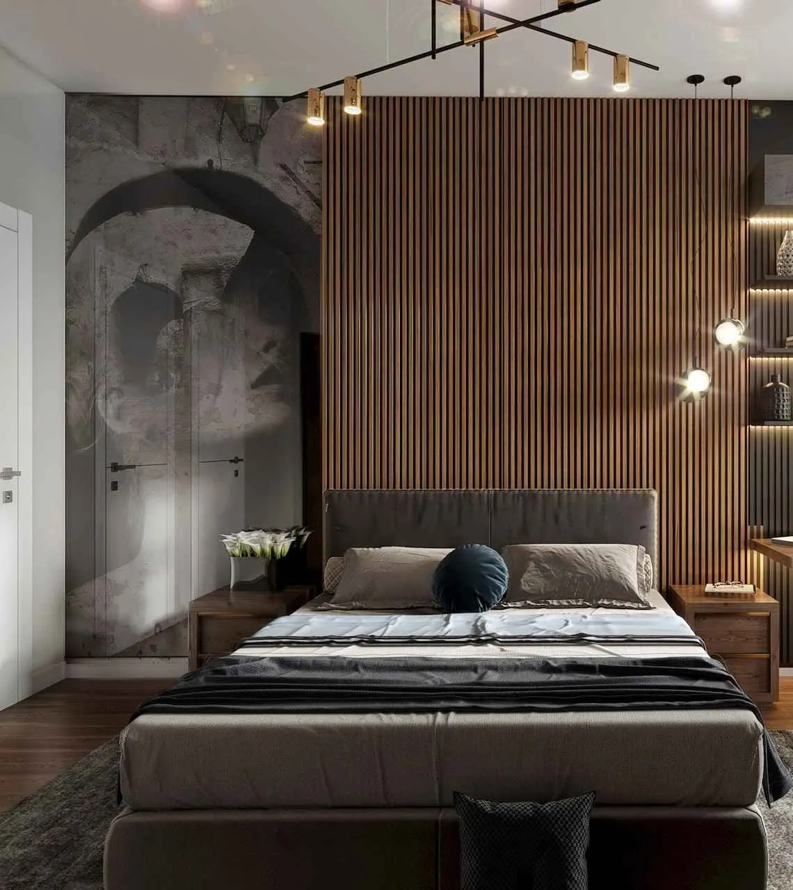 brown simple modern bedroom design with door, accent wall with a bed, lighting fixtures, side table and black rug