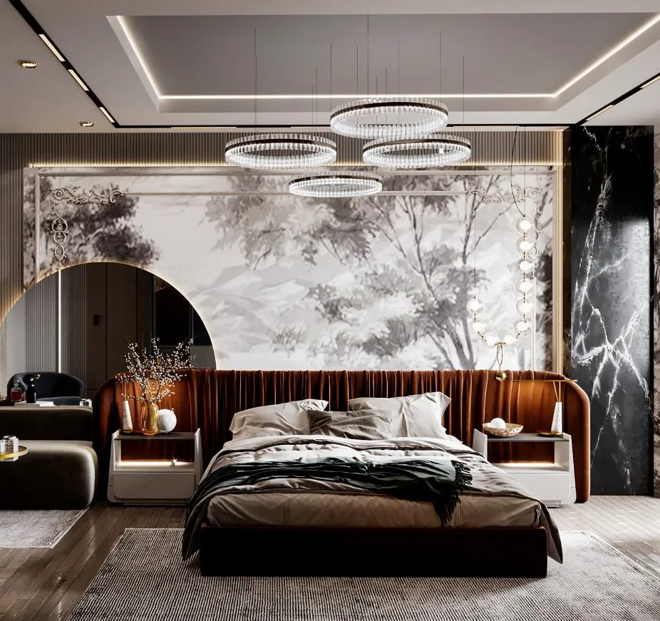 a simple modern bedroom interior design with white accent wall with gorgeous chandelier, mirror, bed, grey sofa, table and rug