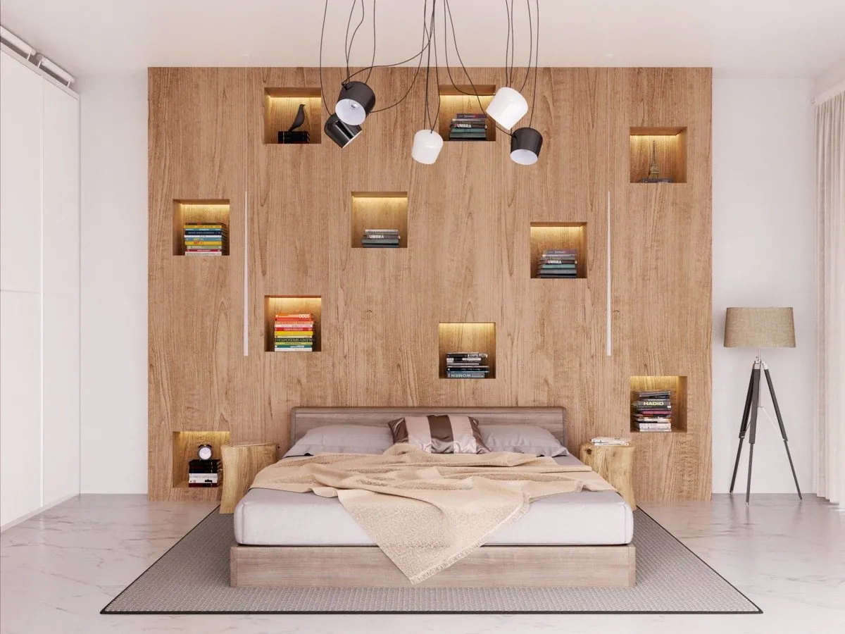brown accent wall with books, bed, grey rug and floor lamp