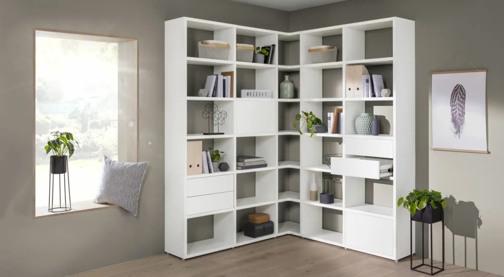 white bookshelf for hall or reading room