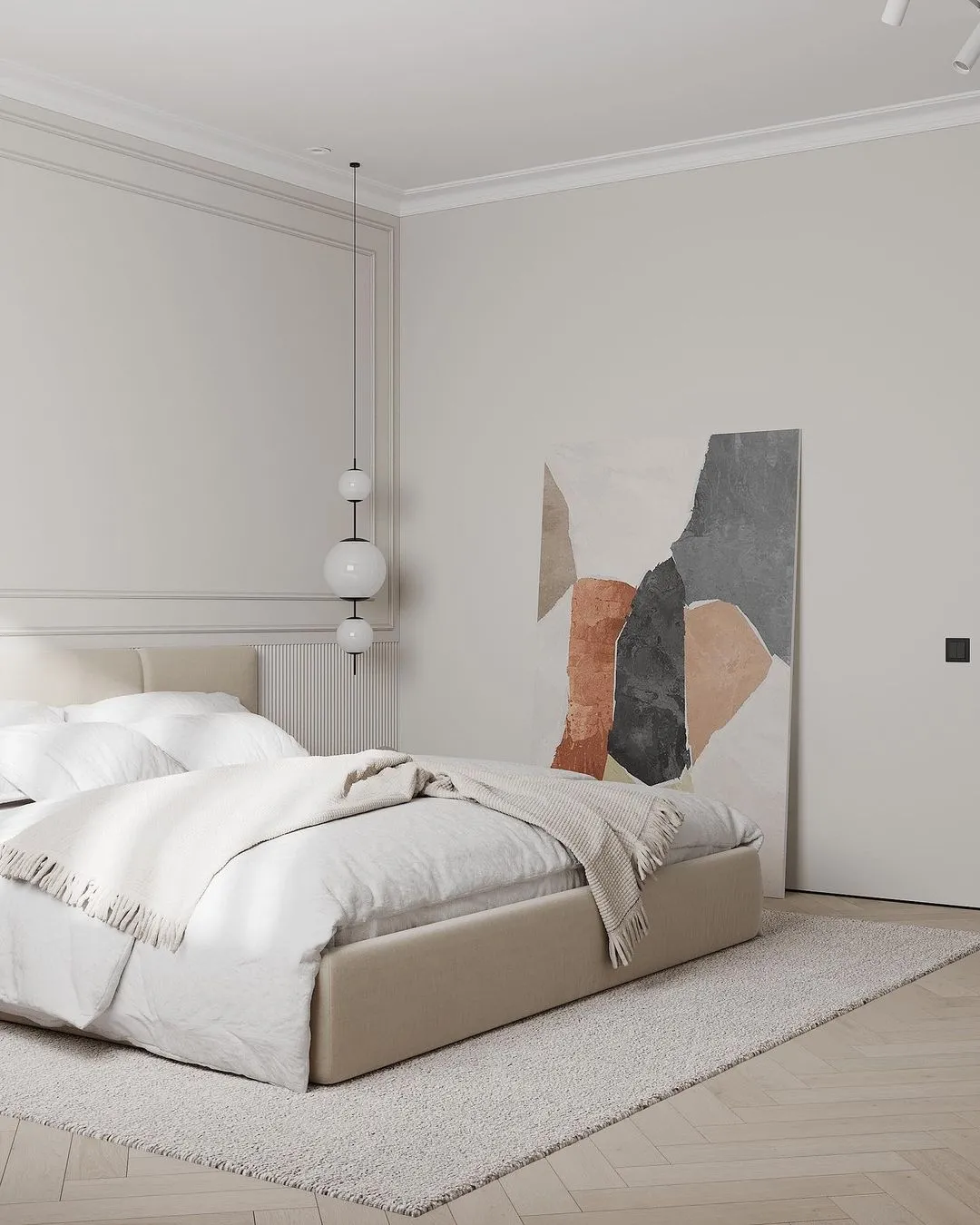 white bedroom with bed, hanging lights, white rug, brown wooden floor and a painting