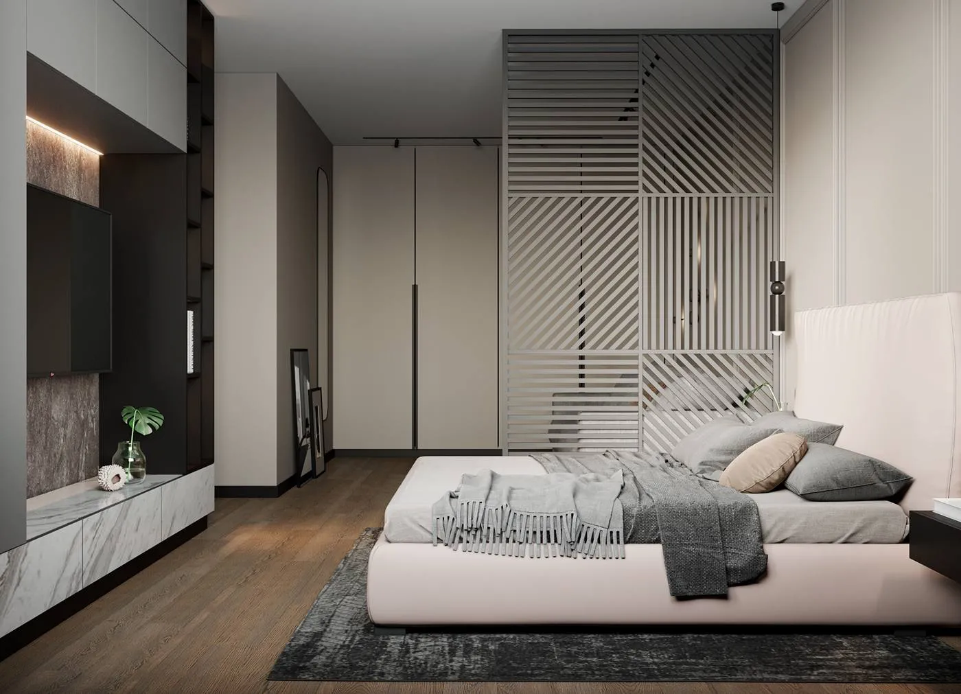 bedroom with bed, grey partition, carpet, brown wooden floors, Tv, black shelves