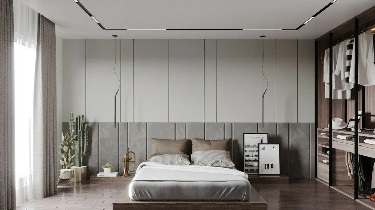 white bedroom with bed, grey and white walls, open closet, indoor plants, pendant plants and simple false ceiling