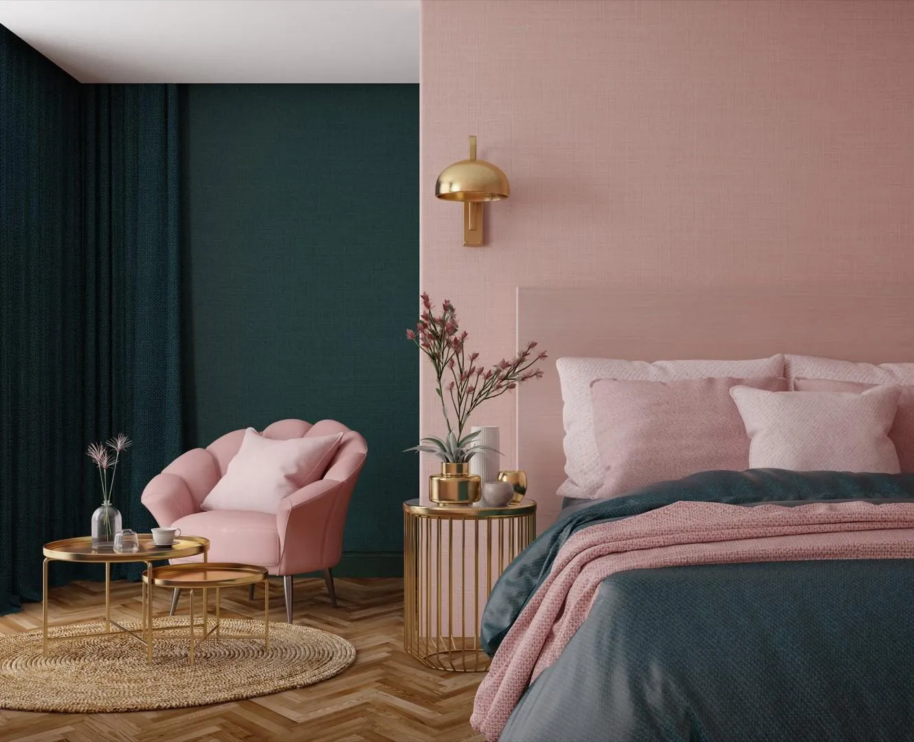 pink bedroom with a green wall, pink chair, bed, side table, brown rug and wooden floors