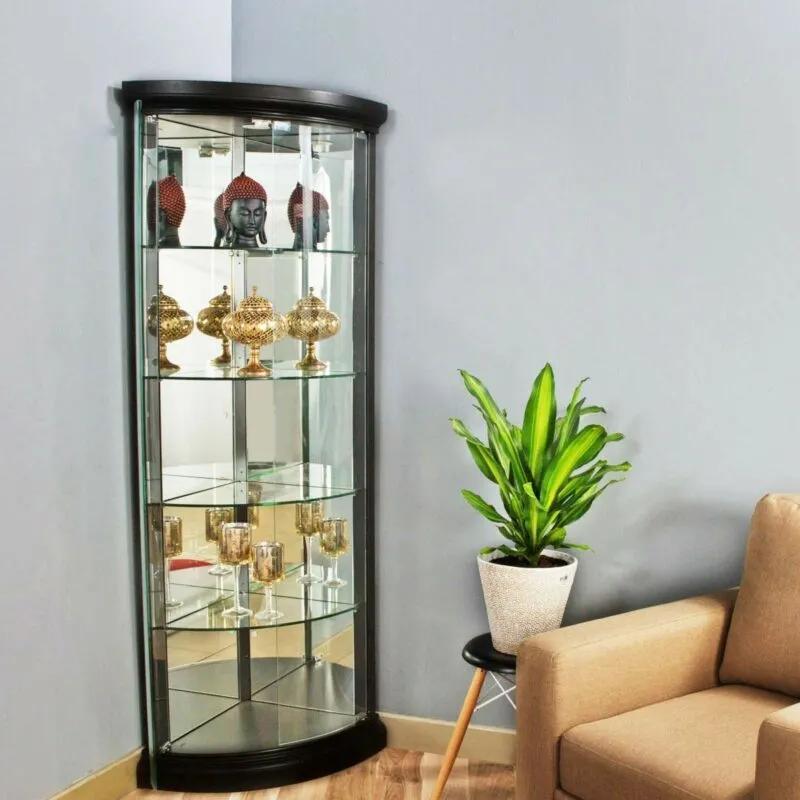 Glass-front corner showcase with collectibles in it