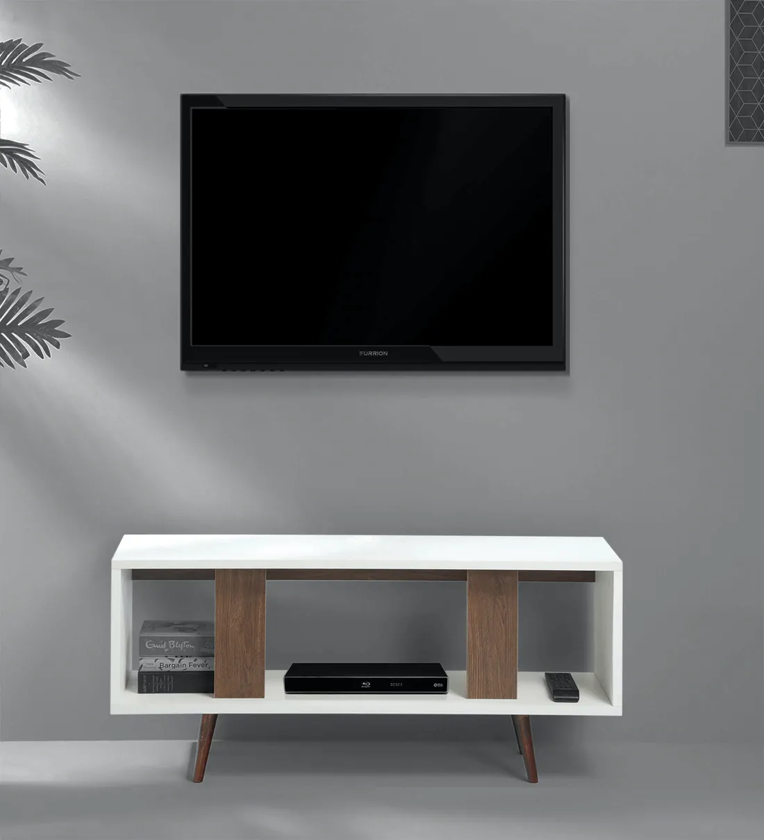 entertainment unit in-white and dark oak finish by ensemble homes