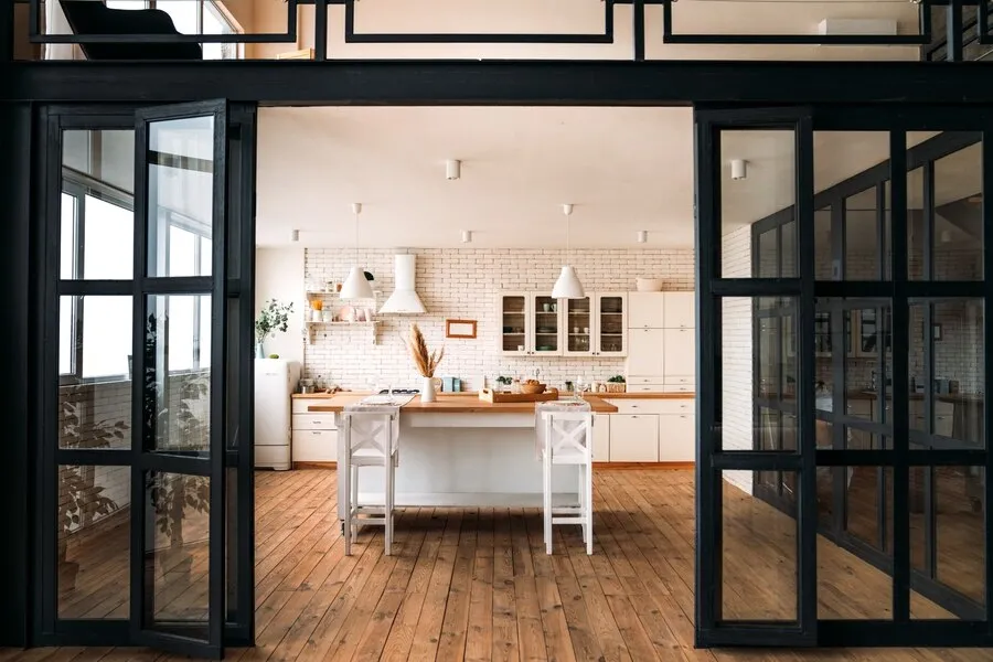 Black frame glass door kitchen