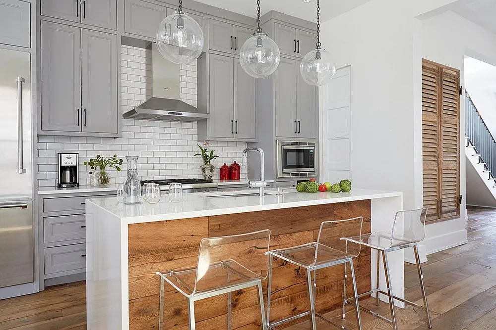 Beautiful transitional kitchen in white and grey and reclaimed wood countertop