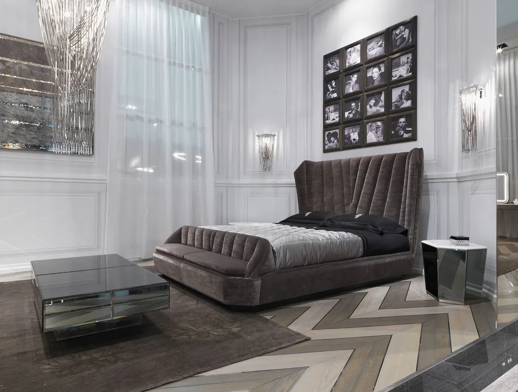 white bedroom with a modern wood double bed design, brown rug, grey bed, wall decor and black table
